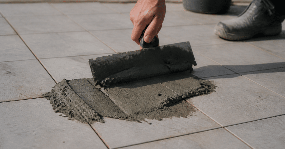 Truelle appliquant colle grise sur surface horizontale carrelée