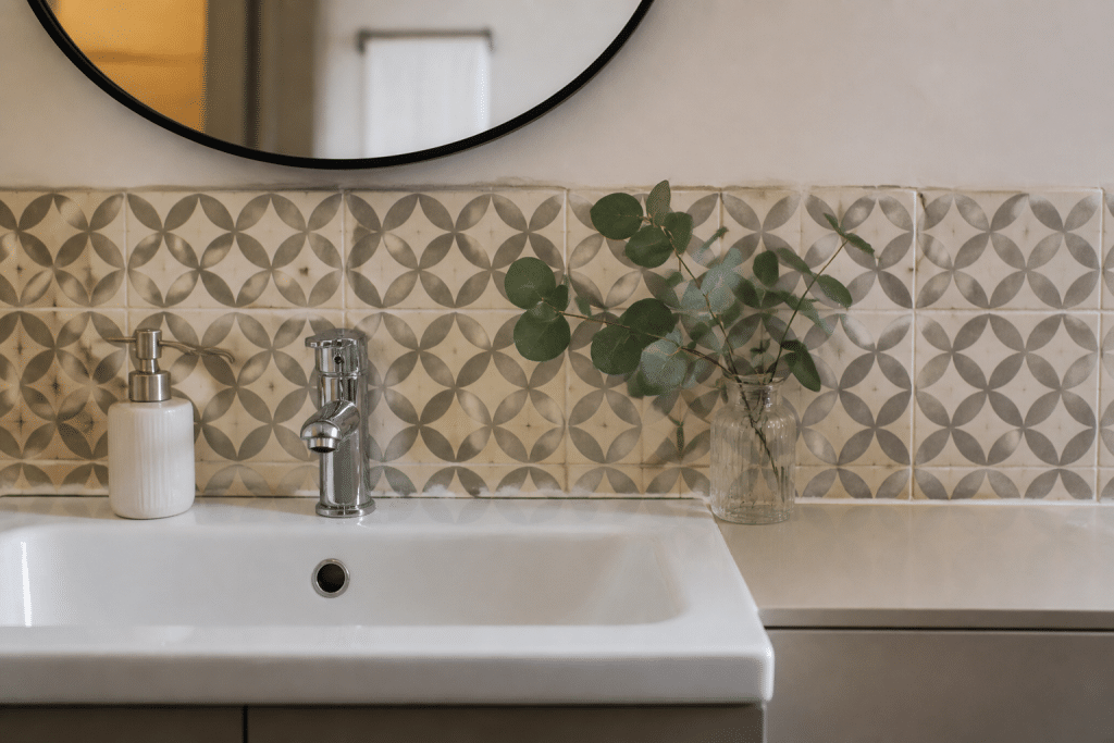 Carreaux geometriques aligne autour lavabo avec motifs repetes
