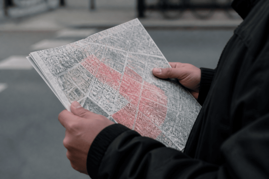 Carte quartier avec zones rouges indiquant criminalité