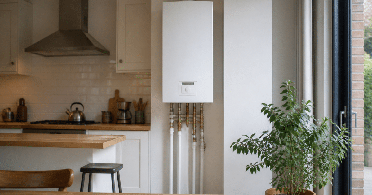 Chaudiere gaz murale installee dans cuisine moderne spacieuse