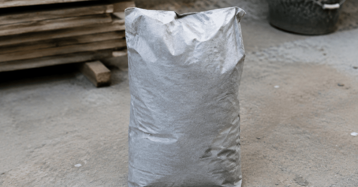Sac de ciment gris posé verticalement sur surface béton