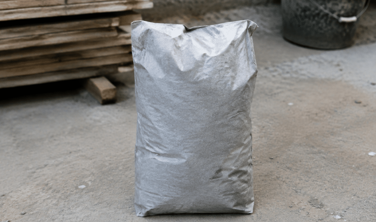 Sac de ciment gris posé verticalement sur surface béton