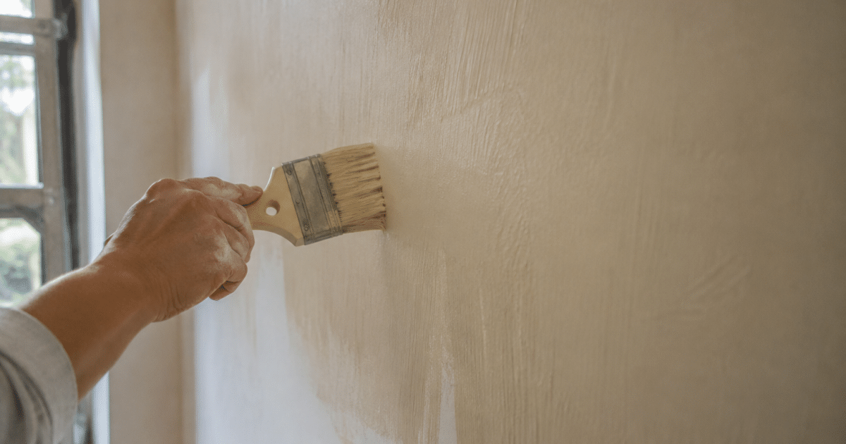 Mur recouvert d'enduit beige clair applique au pinceau