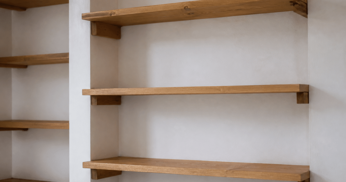 Planches bois assembles formant etageres murales fixees
