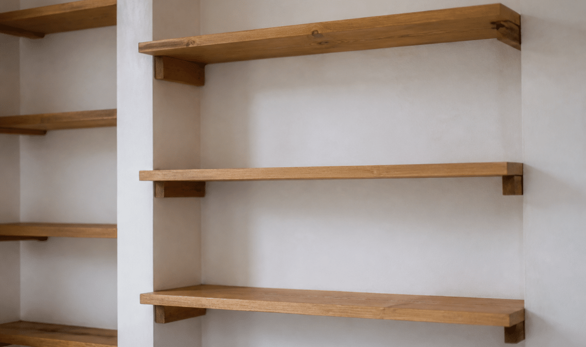 Planches bois assembles formant etageres murales fixees