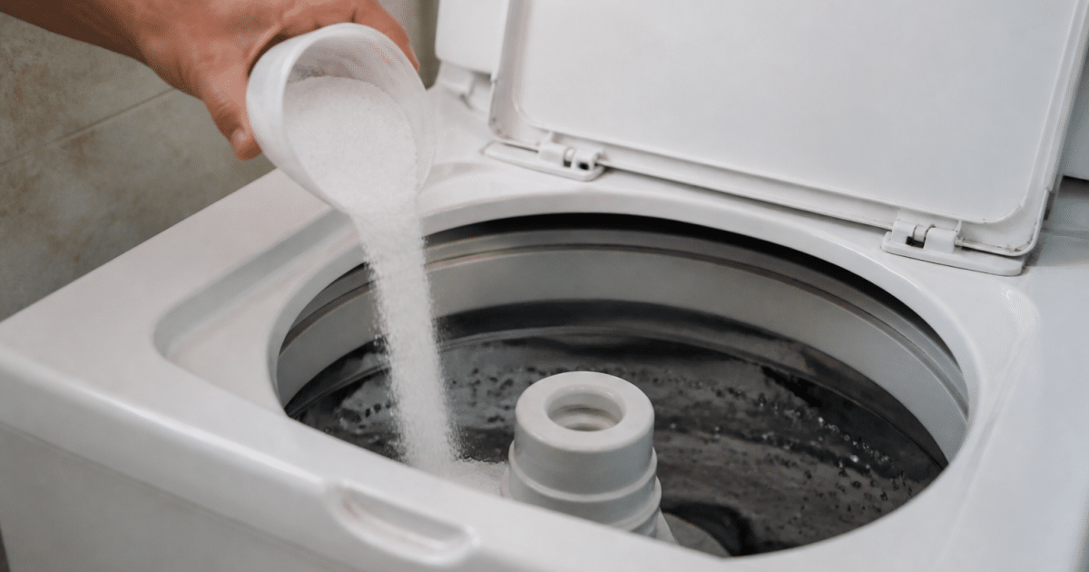 Poudre blanche versee dans le tambour ouvert de machine