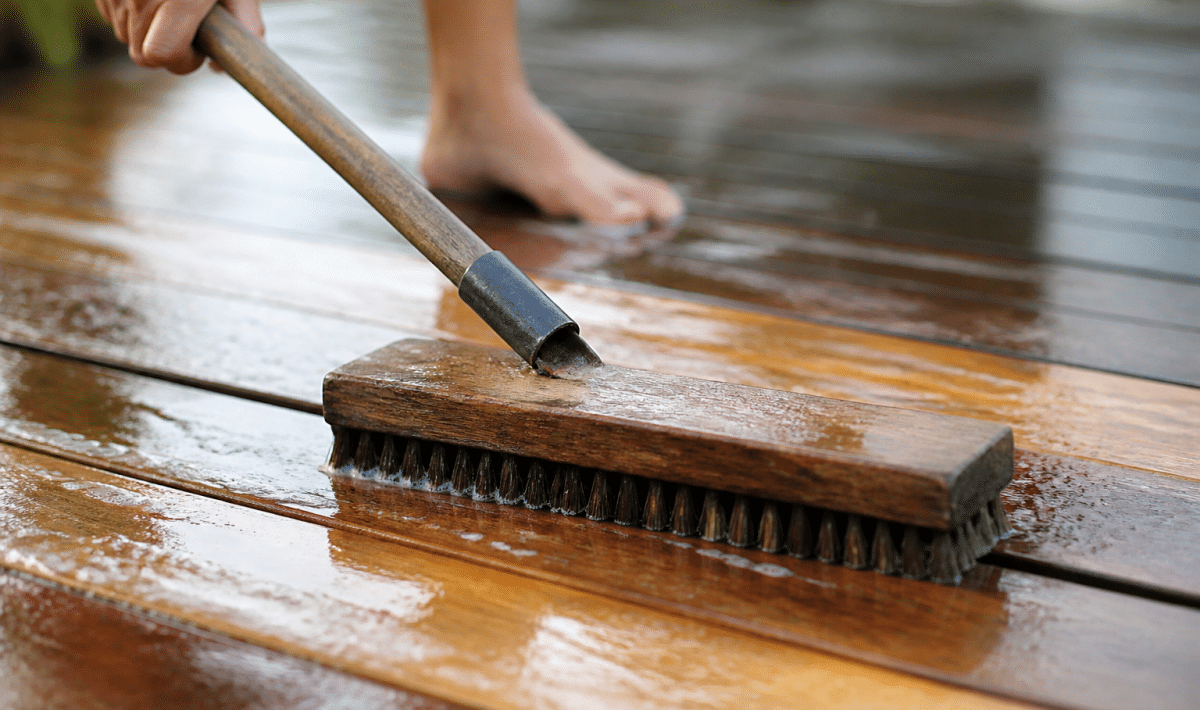 brosse horizontale frottant planches bois tropical mouille