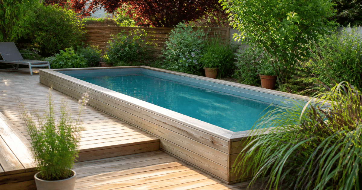 Bassin rectangulaire sureleve en bois avec plage amenagee