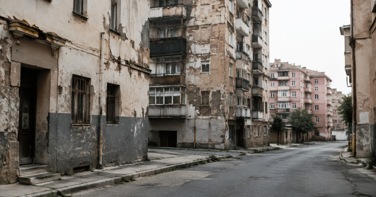 Rue urbaine déserte avec immeubles dégradés en arrière-plan