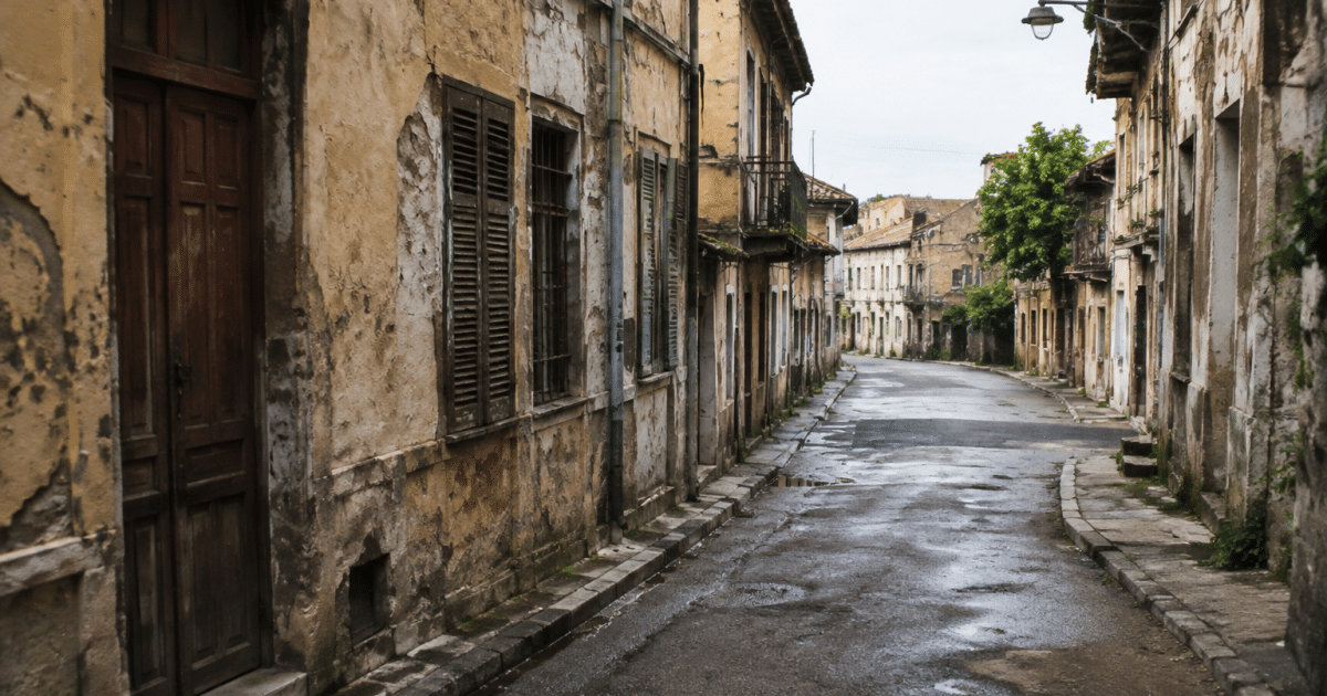 Rue déserte avec immeubles délabidés et façades usées