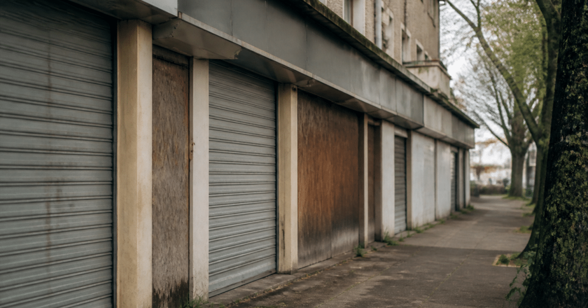rue commerciale de banlieue avec facades ternies et devantures fermees