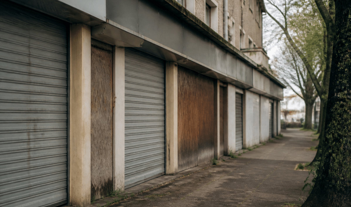 rue commerciale de banlieue avec facades ternies et devantures fermees