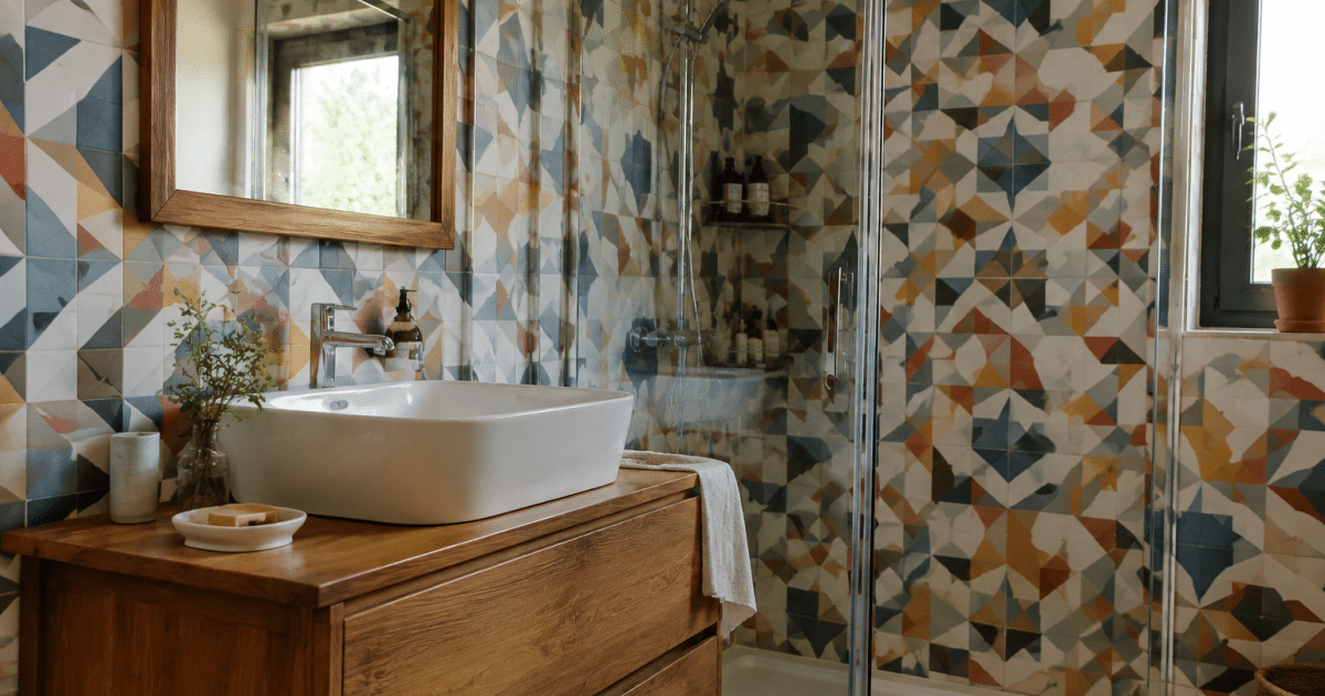 Murs de salle bain couverts carreaux ciment geometriques colores
