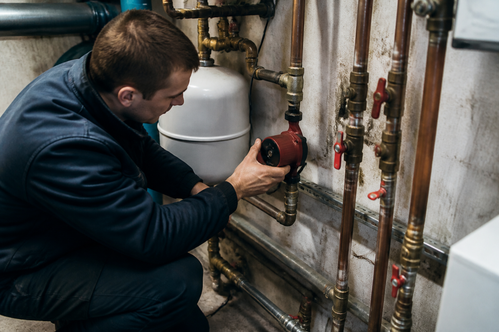 Technicien teste pompe circulatrice installation chauffage central boiler