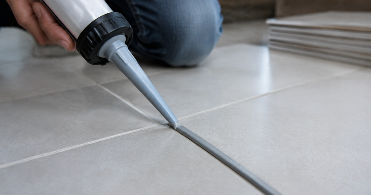 Tube adhesif gris maintient deux carreaux joints fermement