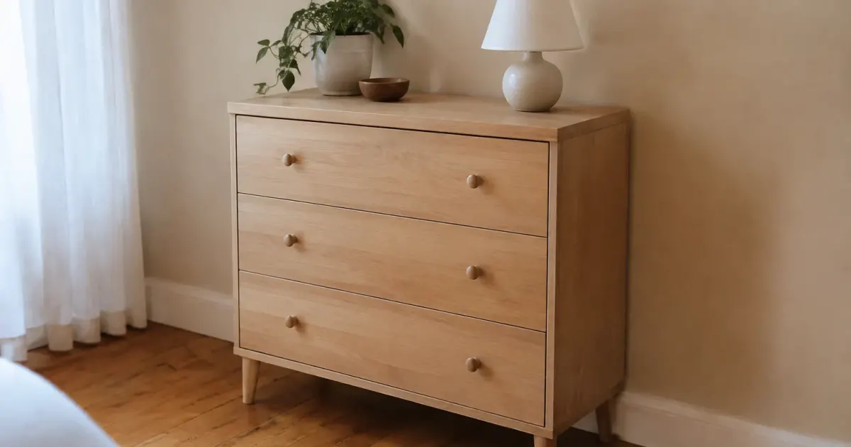 Commode en bois clair posee contre un mur beige