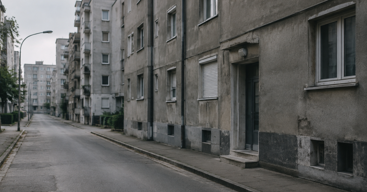 Facades grises usees d'immeubles collectifs dans rues desertes urbaines