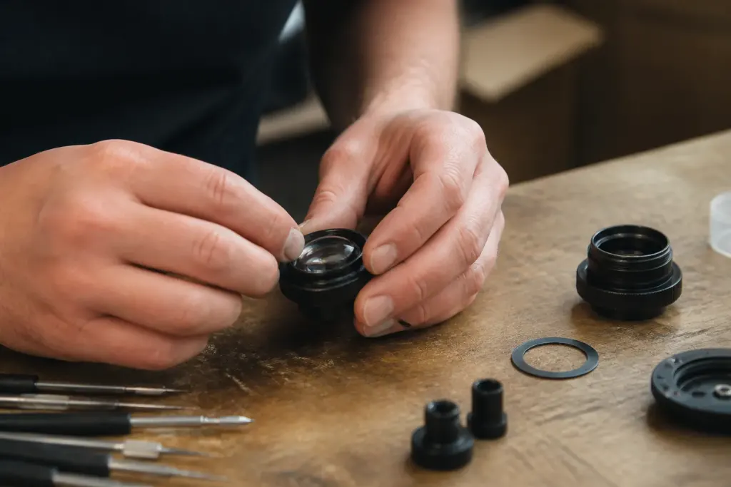 Mains ajustant une lentille optique sur un etabli