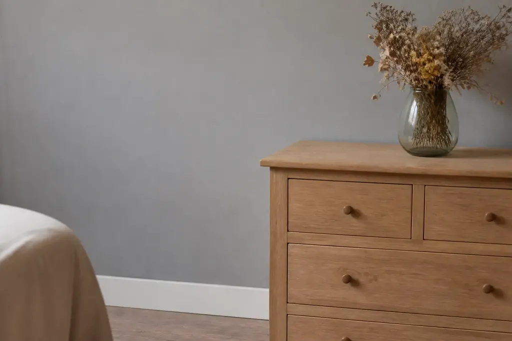 Mur pastel gris et commode en bois clair