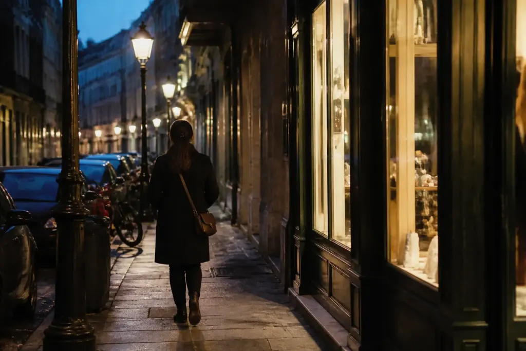 Rue animee le soir avec lampadaires et vitrines allumees