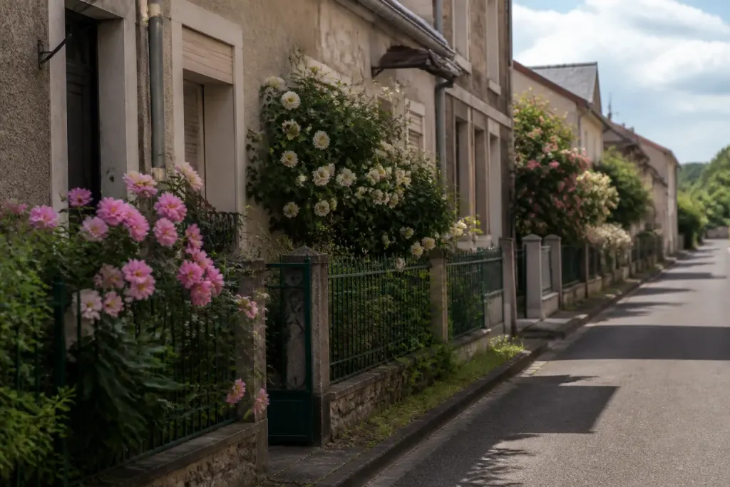 Rue calme bordee de maisons avec jardins fleuris