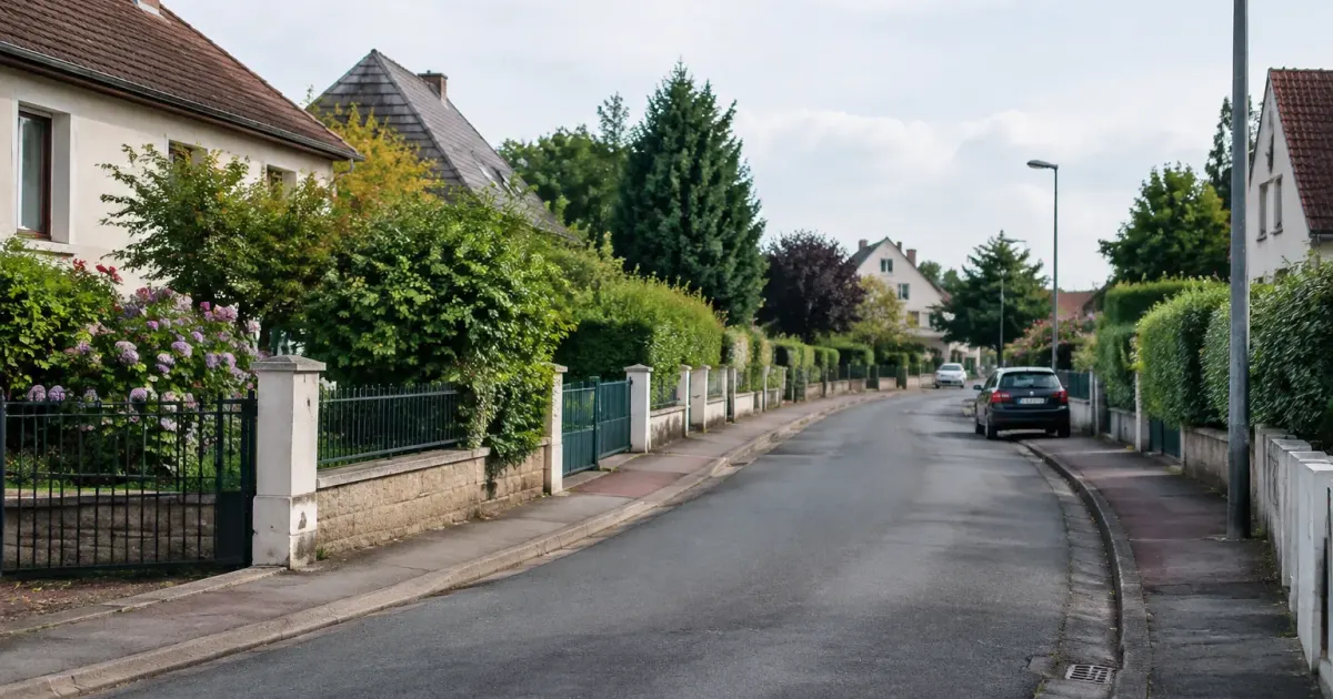 Rue residentielle calme bordee de maisons individuelles et jardins