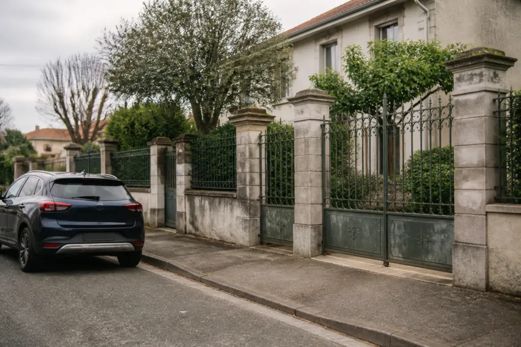 Rue résidentielle avec maisons, portail en fer et voiture garée