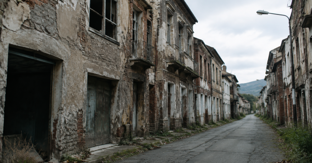 Rue vide bordee de batiments delabres abandonnes