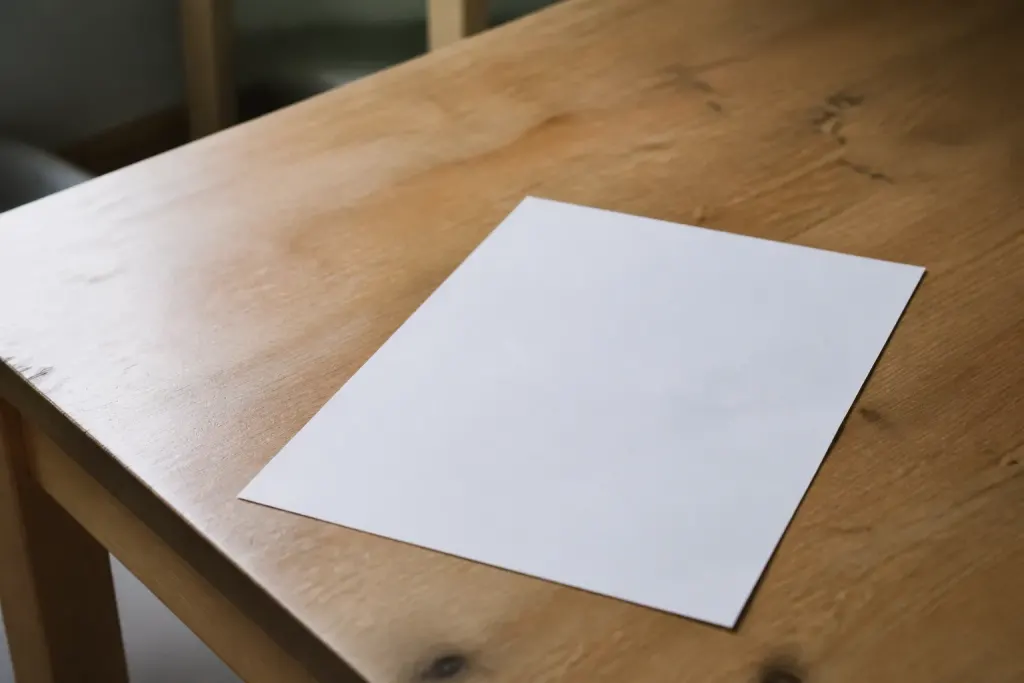 Table en bois clair avec feuille blanche posee dessus