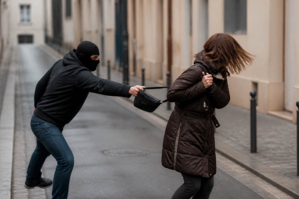 Voleur arrachant sac a main dans rue vide